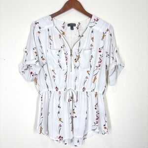 Women's Peplum Blouse XL White Floral Zip Front Roll Tab Sleeve Cottagecore Boho